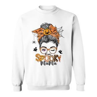 One Spooky Mama For Halloween Messy Bun Mom Monster Bleached V3 Sweatshirt - Seseable