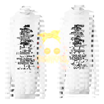 One Thankful Teacher Messy Bun Pumpkin Thanksgiving Sweatshirt - Thegiftio