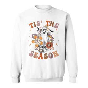 Retro Groovy Tis The Season Pumpkin Ghost Hippie Halloween Sweatshirt - Thegiftio UK