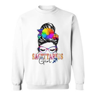 Sagittarius Girl Birthday Messy Bun Hair Colorful Floral Sweatshirt - Seseable