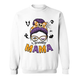 Skull Messy Bun Halloween Spooky Mama Mom Halloween Sweatshirt - Seseable