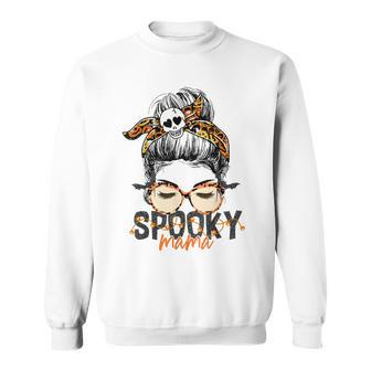 Spooky Mama Halloween Costume Skull Mom Leopard Messy Bun Sweatshirt - Seseable
