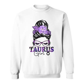 Taurus Girl Birthday Messy Bun Hair Purple Floral Sweatshirt - Seseable