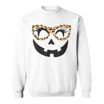Winking Eye Halloween Lashes Leopard Glasses Pumpkin Girls Sweatshirt - Seseable