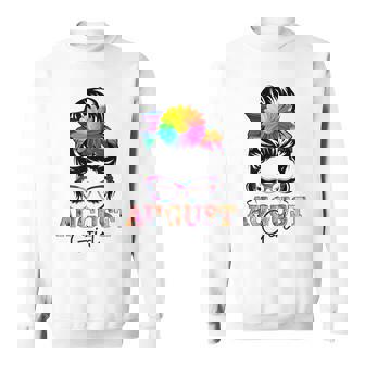 Women August Girl Birthday Messy Bun Colorful Floral Sweatshirt - Thegiftio