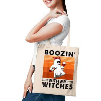 Boozin With My Witches Halloween Boo Ghost Vintage Tote Bag - Thegiftio UK