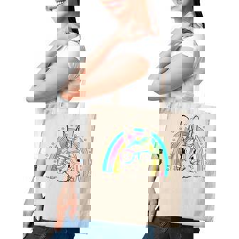 Easter Day Cute Bunny Face Tie Dye Glasses Rainbow Women Tote Bag - Thegiftio