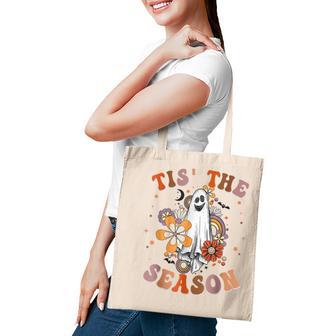 Retro Groovy Tis The Season Pumpkin Ghost Hippie Halloween Tote Bag - Thegiftio UK