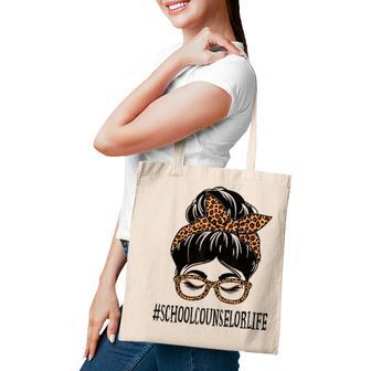 School Counselor Leopard Messy Bun Women Back To School Tote Bag - Thegiftio UK