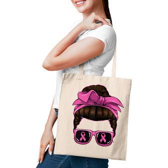 Womens Messy Bun Mom Breast Cancer Awareness Pink Ribbon Warrior Tote Bag - Thegiftio UK