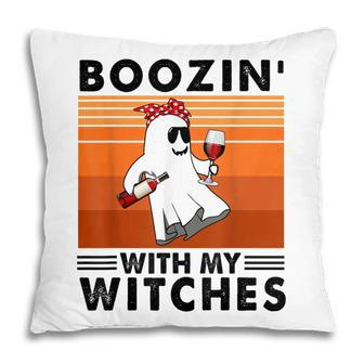 Boozin With My Witches Halloween Boo Ghost Vintage Pillow - Thegiftio UK
