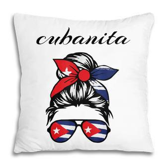 Cubanita Messy Hair Woman Bun Free Cuba Flag For Girls  Pillow