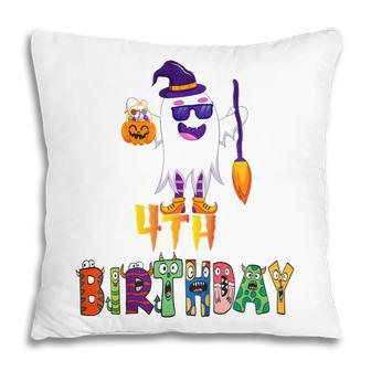 Kids Its My 4Th Birthday Ghost Pumpkin With Broom Halloween Pillow - Thegiftio UK