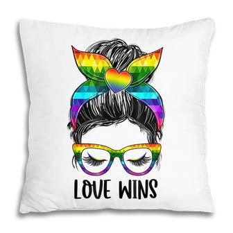 Love Wins Messy Bun Rainbow Lgbt Gay Pride Lgbt Awareness Pillow - Thegiftio UK