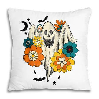Retro Vintage Groovy Pumpkin Halloween Colors Flower Ghost Pillow - Thegiftio UK