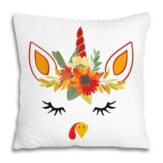 Turkey Unicorn Face Flower Thanksgiving Pilgrim Girls Kids V2 Pillow - Thegiftio UK