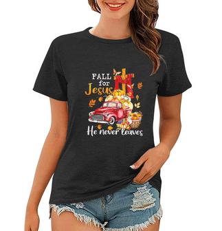 Funny Fall For Jesus He Never Leaves Autumn Christian Graphic Design Printed Casual Daily Basic Women T-shirt