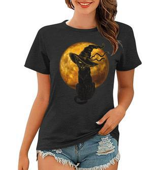 Beautiful Halloween Black Cat With Witch Hat Full Moon - Cat Women T-shirt - Seseable