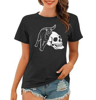 Black Cat And Human Skeleton Skull Punk Goth And Halloween Women T-shirt - Seseable