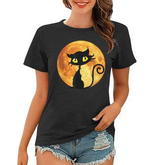 Black Cat Full Moon Halloween Cool Funny Ideas For Holidays Women T-shirt - Seseable