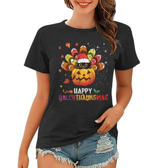 Black Cat Halloween And Merry Christmas Happy Hallothanksmas Women T-shirt - Seseable