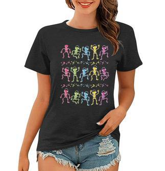 Colorful Dancing Skeletons Headphones Graphic Design Printed Casual Daily Basic Women T-shirt