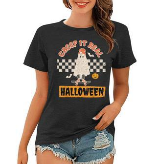 Creep It Real Retro Halloween Funny Ghost Skateboarding Women T-shirt - Seseable