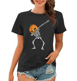 Dabbing Skeleton Pumpkin Head - Halloween Dancing Skeleton Women T-shirt - Seseable