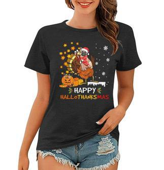 French Bulldog Halloween And Merry Xmas Happy Hallothanksmas Sweatshirt Women T-shirt - Thegiftio UK