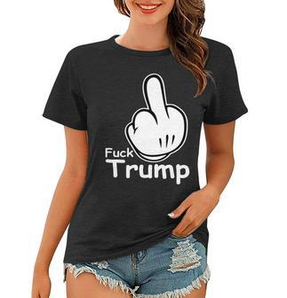 Fuck Trump Cartoon Middle Finger Resist Anti Trump Tshirt Women T-shirt - Monsterry