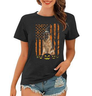 German Shepherd Dog Pumpkin American Flag Witch Halloween Women T-shirt - Thegiftio UK