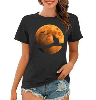 Halloween Black Cat Orange Full Moon And Bats Women T-shirt - Seseable
