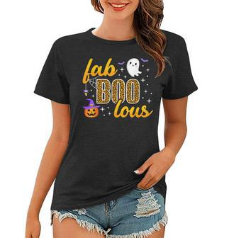 Halloween Boo Faboolous Leopard Pumpkin Witch Hat Ghost Cute Women T-shirt - Seseable