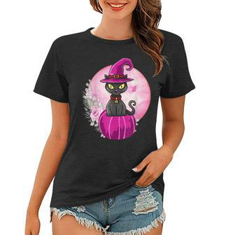 Halloween Cute Black Cat On Pumpkin Full Moon Women Kids Women T-shirt - Seseable