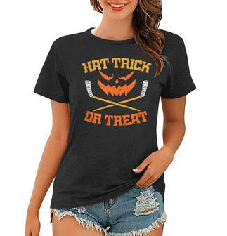 Hat Trick Or Treat Hockey Scary Pumpkin Face Halloween Women T-shirt - Thegiftio UK