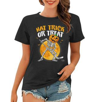 Hat Trick Or Treat Skeleton Pumpkin Ice Hockey Halloween Women T-shirt - Thegiftio UK