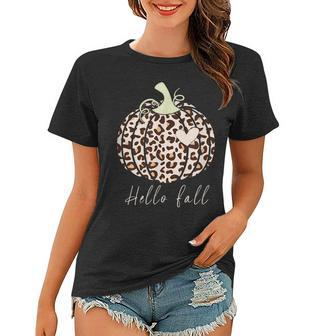 Hello Fall Animal Print Leopard Heart Pumpkin Fall Halloween Women T-shirt - Seseable
