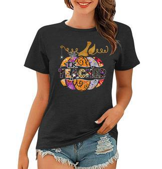Leopard Pumpkin Tk Teacher Halloween Trick Or Teach Women T-shirt - Seseable