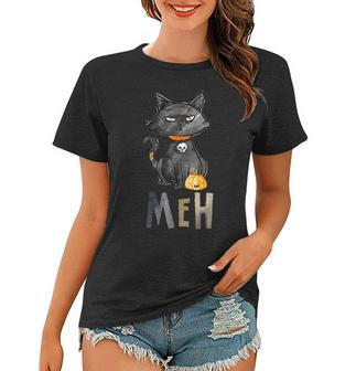 Meh Cat Black Funny For Women Funny Halloween Women T-shirt - Seseable