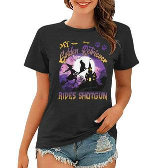 My Golden Retriever Rides Shotgun Cool Halloween Witch Dog Women T-shirt - Seseable