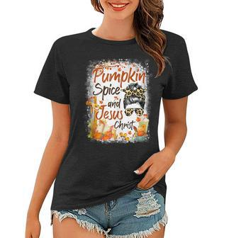 Pumpkin Spice And Jesus Christ Leopard Messy Bun Fall Women T-shirt - Thegiftio UK