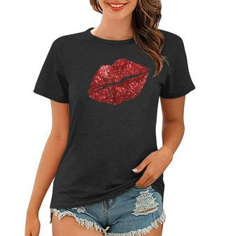 Red Kissing Lipstick Glitter Lips Kiss Red Lips Valentine Women T-shirt - Thegiftio UK