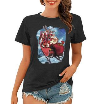 Santa Reindeer Sleigh Flying Over Snow Graphic Design Printed Casual Daily Basic Women T-shirt