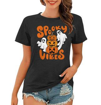 Spooky Vibes Ghost Scary Pumpkin Face Funny Halloween Women T-shirt - Seseable