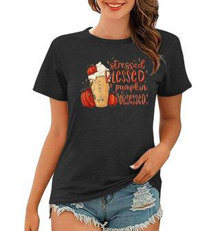 Stressed Blessed And Pumpkin Obsessed Cute Fall Leaves Women T-shirt - Thegiftio UK