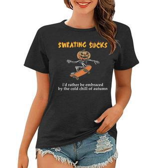 Sweating Sucks Skeleton Pumpkin Playing Skateboard Halloween Women T-shirt - Seseable
