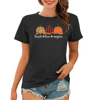 Teach Love Inspire Teacher Autumn Fall Pumpkin Leopard Plaid V2 Women T-shirt - Seseable