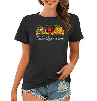 Teach Love Inspire Teacher Autumn Fall Pumpkin Leopard Plaid V3 Women T-shirt - Seseable