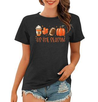 Tis The Season Pumpkin Leaf Latte Fall Thanksgiving Football  Women T-shirt