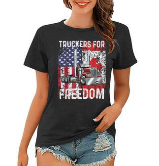 Trucker Trucker For Freedom Convoy 2022 American Canadian Flag Women T-shirt - Seseable